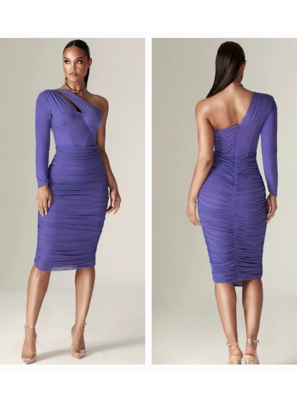 New Alieva Lida Asymmetrical Cut-Out Midi Ruched Dress (Ultra Violet), Size S